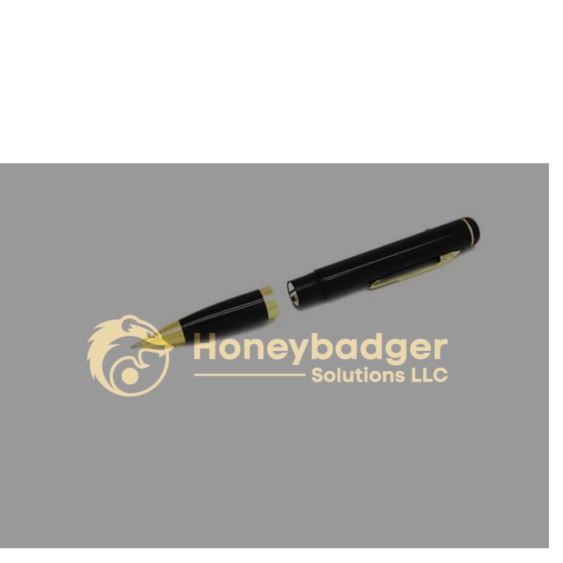 A black and gold video pen with motion detection, cap removed, on a white background.