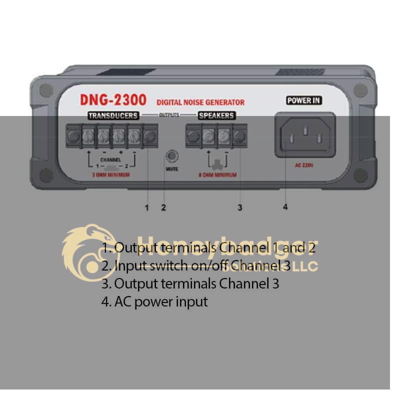 Front panel of the DNG-2300 Digital Noise Generator showing outputs, mute switch, and input power socket.