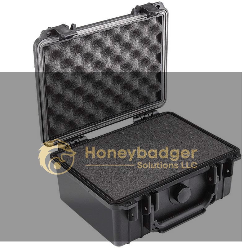 Black hard-shell waterproof protective case with foam padding and a handle for storage and transport.