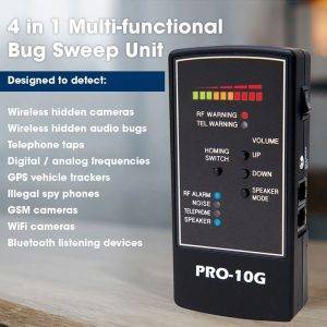 PRO-10G Multi-functional Bug Sweep Unit with indicator lights and buttons for detecting various surveillance devices.