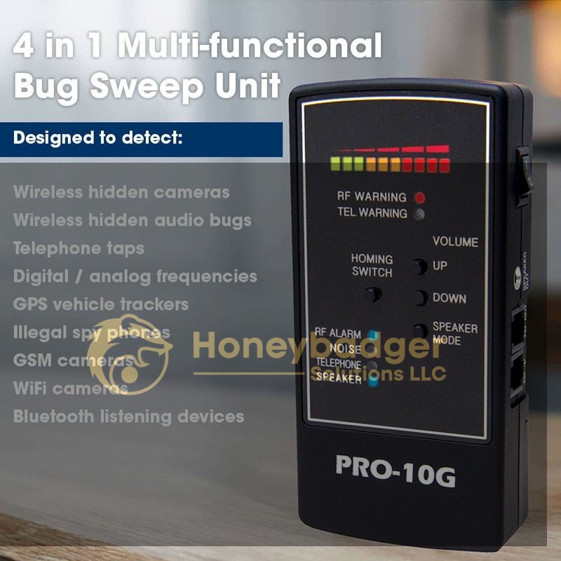 PRO-10G Multi-functional Bug Sweep Unit with indicator lights and buttons for detecting various surveillance devices.