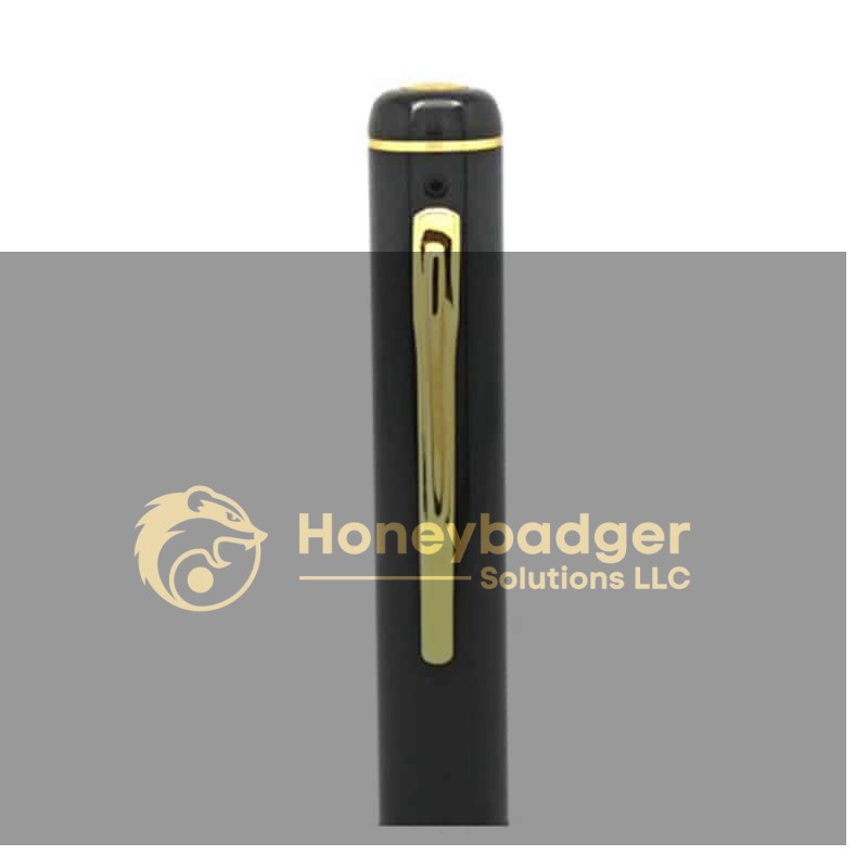 A black video pen with motion detection and a shiny gold clip, designed for recording.