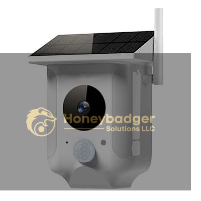Solar floodlight camera featuring a white design, central lens, motion sensor, and solar panel for outdoor use.