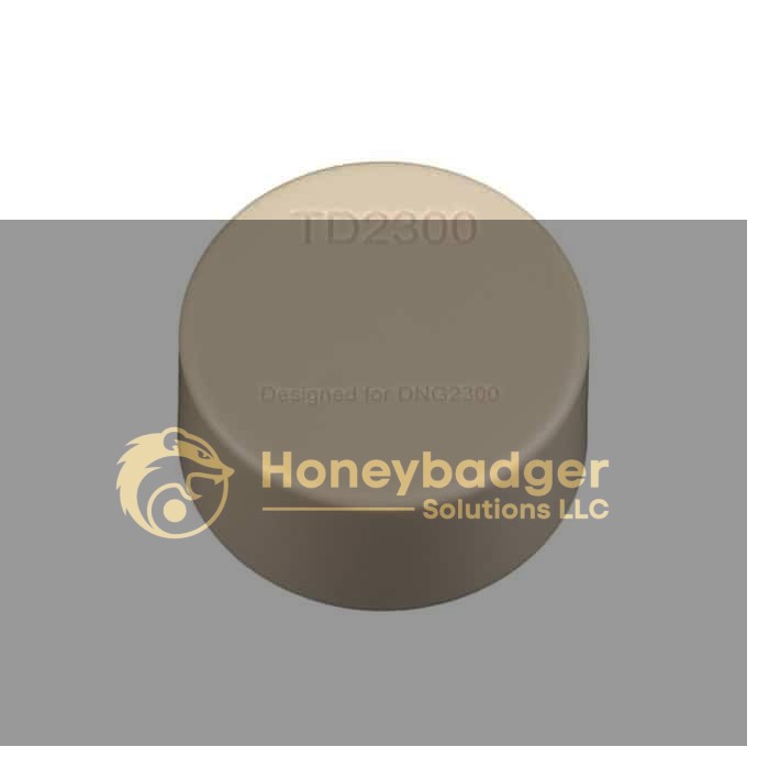 Beige, round plastic cap with 'TD2300' and 'Designed for DNC2300' embossed on top, measuring 2300-inch.
