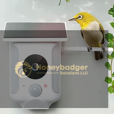 A small yellow and white bird perches on a solar floodlight camera mounted on a wall.