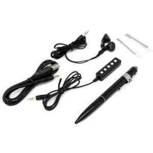 A black voice recording pen alongside wired earphones, a USB cable, and additional connectors on a white surface.