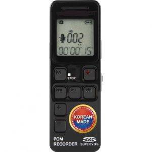 Black digital PCM recorder with a display showing recording time and control buttons, labeled 'Korean Made'.