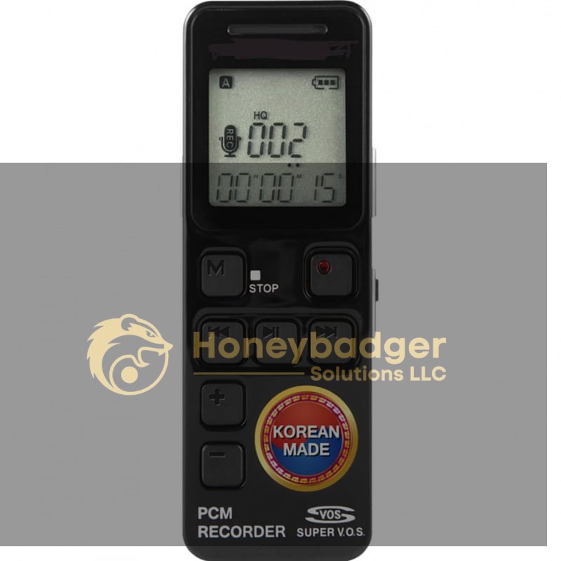 Black digital PCM recorder with a display showing recording time and control buttons, labeled 'Korean Made'.