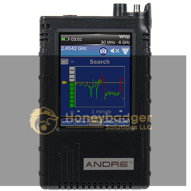 Andre Basic handheld digital forensics device with a color screen displaying a frequency graph and multiple buttons.