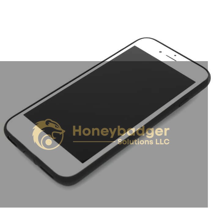 Black battery case for iPhone 6/7 with a white front bezel, lying flat on a surface.