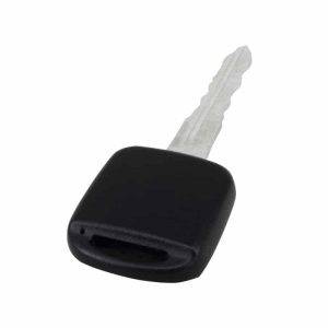 A personal car key with a black plastic head and a silver grooved blade on a white background.