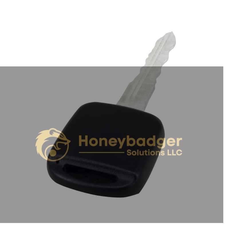 A personal car key with a black plastic head and a silver grooved blade on a white background.