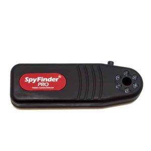 SpyFinder Pro hidden camera detector in black with a red label and multiple LEDs for detecting hidden cameras.