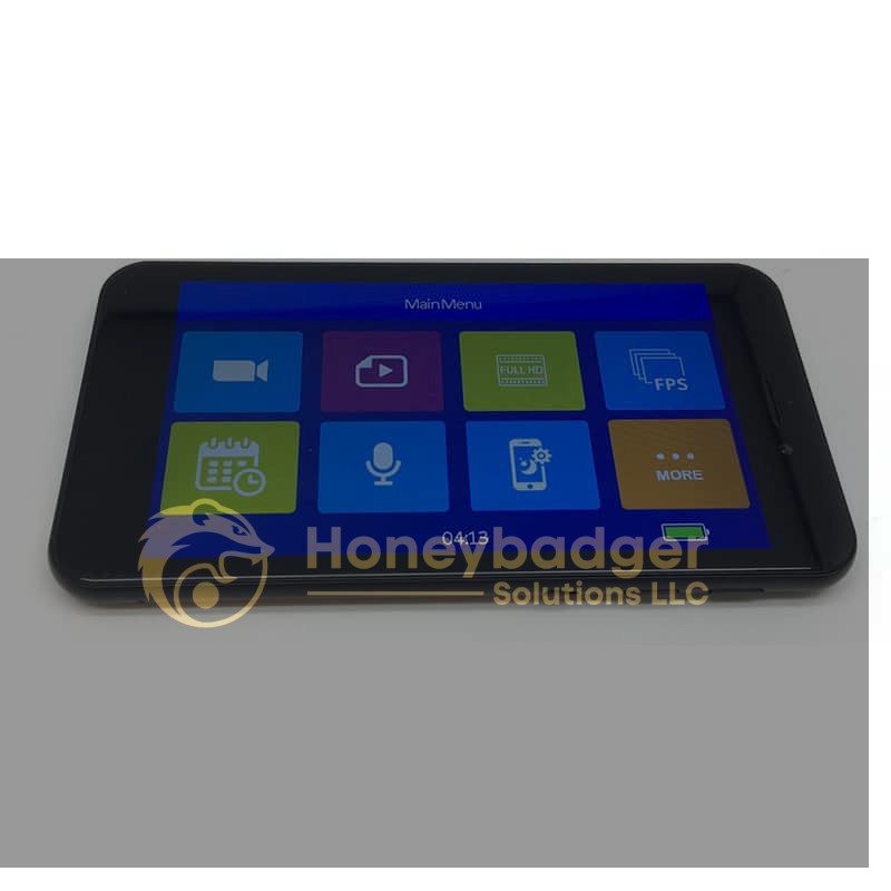 LawMate Wi-Fi Smartphone Camera displaying a blue main menu with colorful icons for various functions and the time 04:13.