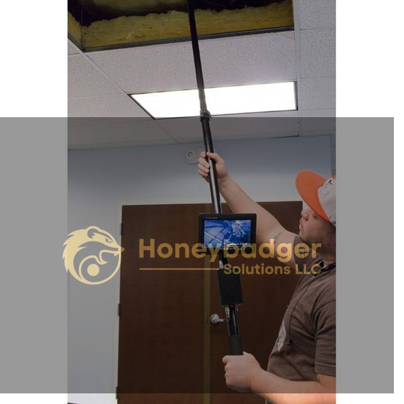 A person uses a Pole Inspection Camera with a monitor to inspect ceiling spaces through an open panel.