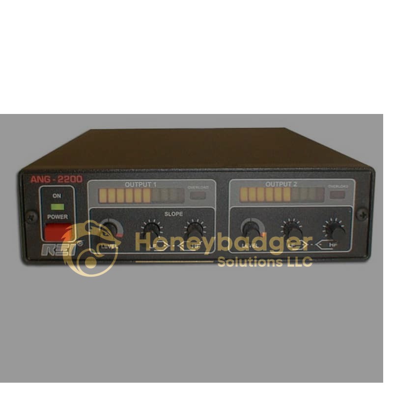 REI ANG-2200 Acoustic Noise Generator with two output sections, power button, LED indicators, and control knobs on the front panel.