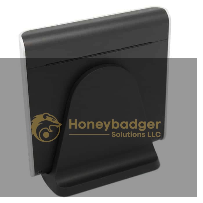 Weather Clock Cam HD, a black and white device with a smooth, slightly curved back panel, shown from the rear on its built-in stand.