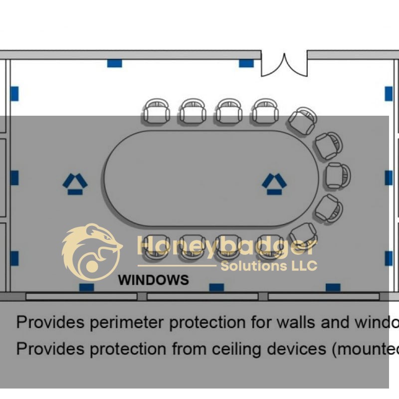 A conference room floor plan showing a large oval table, 12 chairs, and windows with blue icons for Acoustic Noise Generator devices.