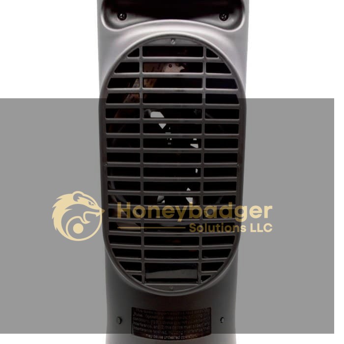 Close-up of the Zone Shield 4K Night Vision Oscillating Fan DVR, featuring a black front grill and secure design.