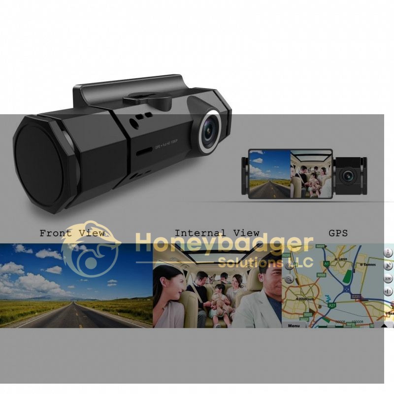 Dual camera dashcam providing front road and in-car passenger views, equipped with GPS navigation.