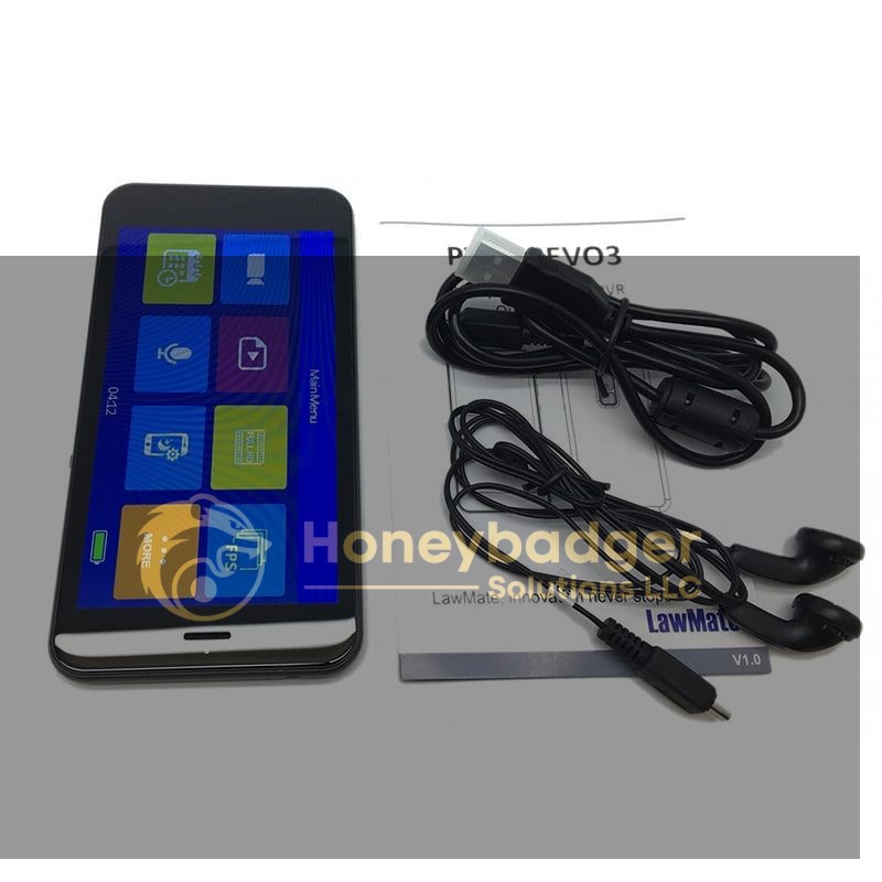LawMate Wi-Fi Smartphone Camera displayed with a USB charging cable, black earbuds, and manuals.