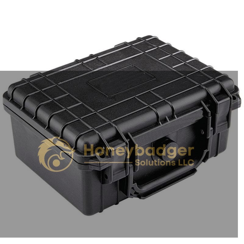 A durable black hard-shell protective case with reinforced corners, textured surface, secure latch, and handle.