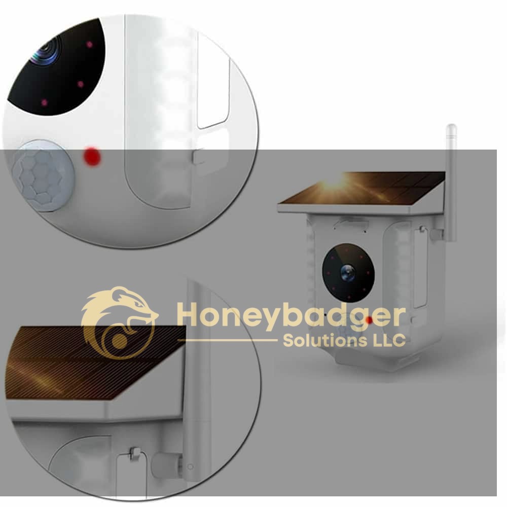 SG Home Low Power Solar Floodlight Camera with LED lights, sensor, and solar panel for outdoor use.