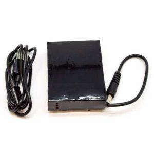 Black rectangular rechargeable battery pack with a power cable and a coiled USB cable on the side.