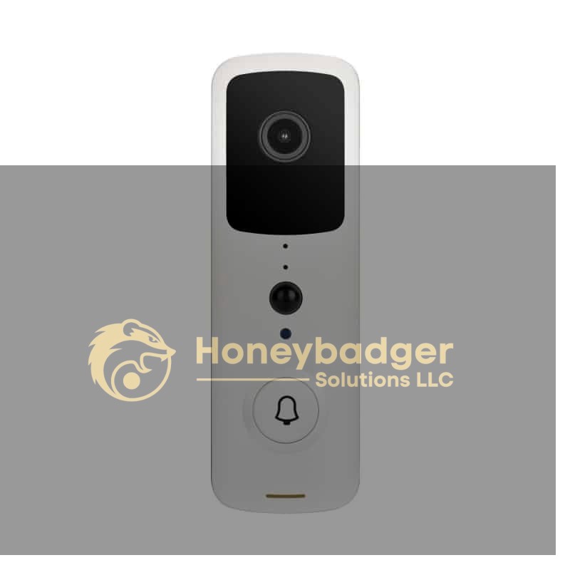 A white smart video doorbell with a top camera, small sensor, and bell icon button for home security.