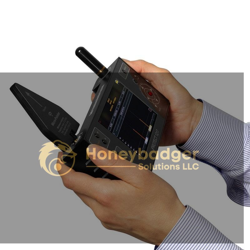 A person holding the iProtect Multi-Channel Wireless Detector, a handheld device with a screen, buttons, and antennas.