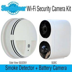 Wi-Fi security camera kit including a smoke detector and a battery-operated camera from SleuthGear.