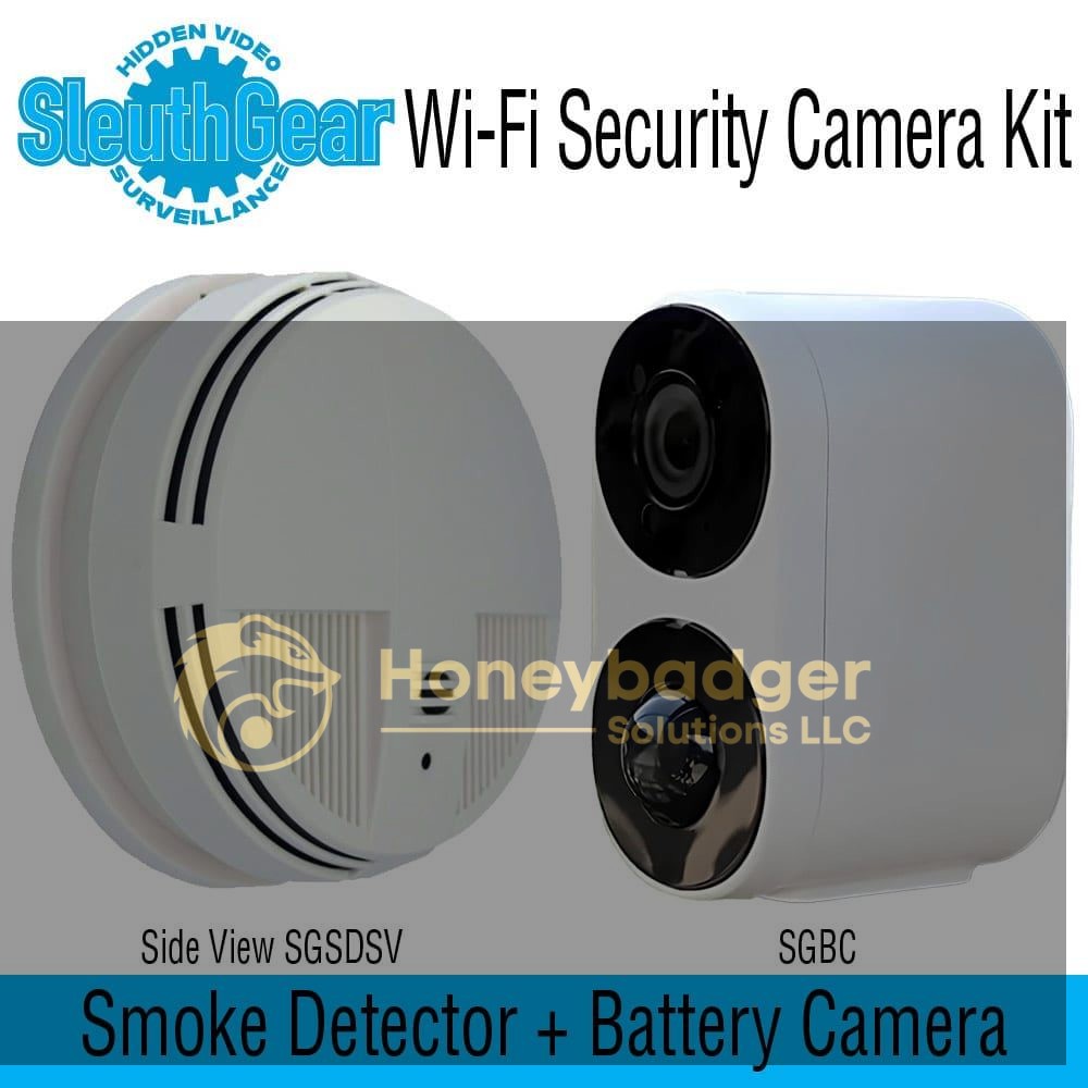 Wi-Fi security camera kit including a smoke detector and a battery-operated camera from SleuthGear.