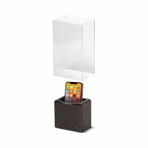 The Phone Safe Ultra - NG4100 securely holds a smartphone upright in a black box with a clear rectangular cover.