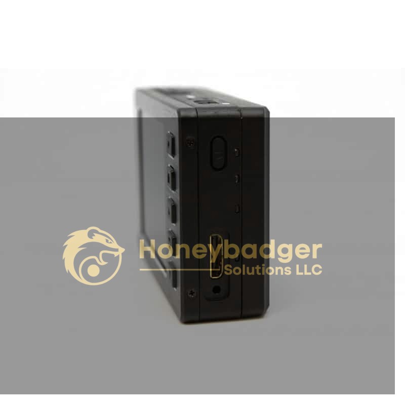 Side view of the HD DVR with Button Camera Set, showing buttons, HDMI port, micro USB port, and power button.