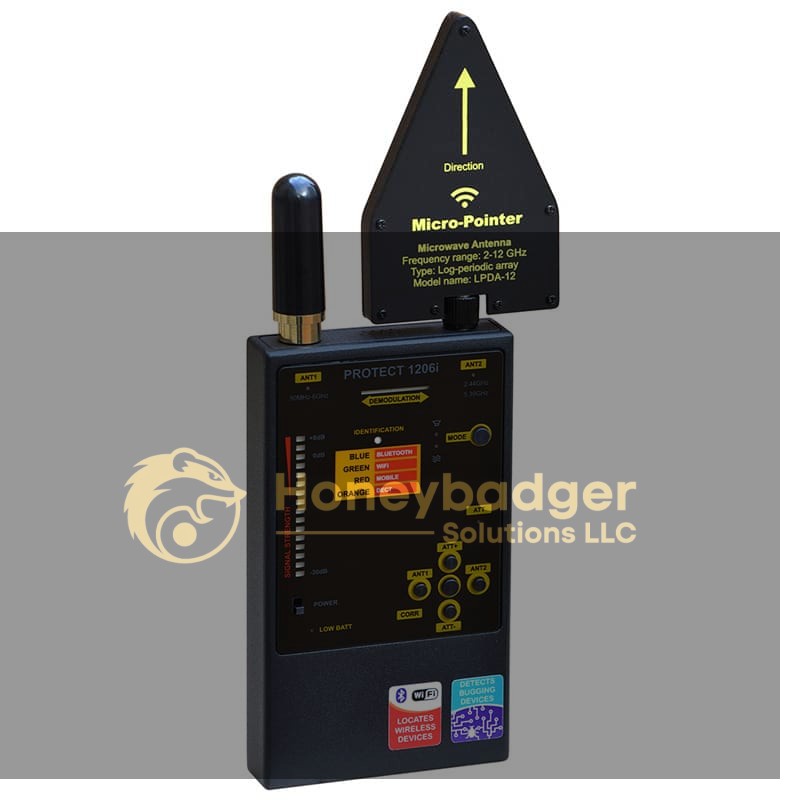 The iProtect Digital RF Detector PROTECT 1206i is a handheld device with buttons, indicator lights, a screen, and a triangular antenna for microwave detection.