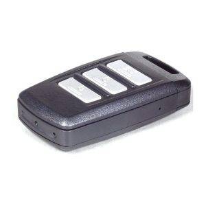 A LawMate Wi-Fi Key Chain DVR in black with three silver buttons on a plain background.