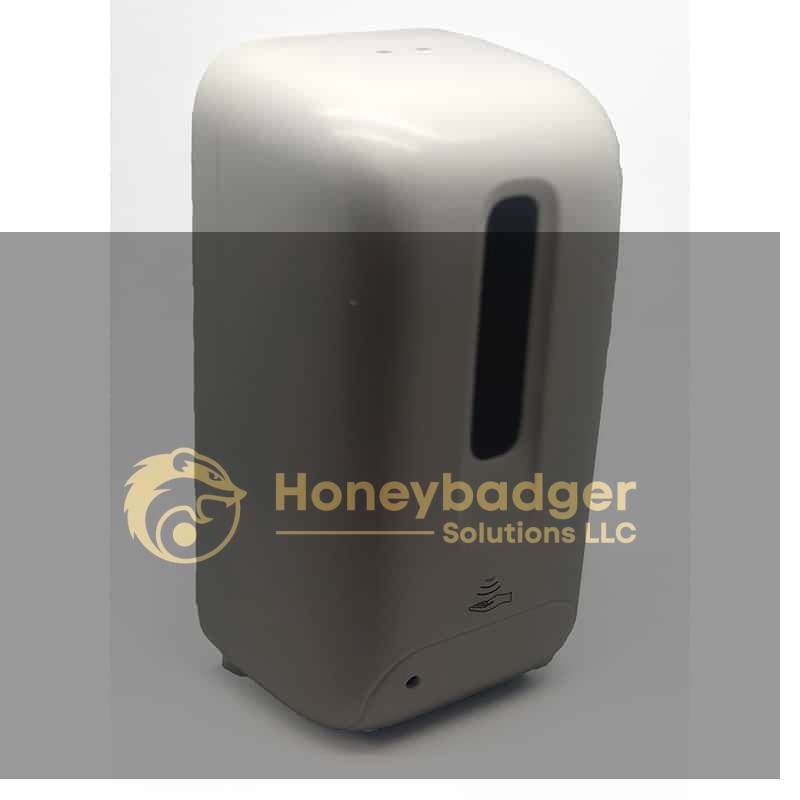 Automatic hand sanitizer dispenser with a white body and black sensor window, designed for touchless operation.