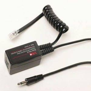 Direct Connect Telephone Record Device with a black coiled RJ11 cable and a 3.5mm audio jack attached to a rectangular control box.