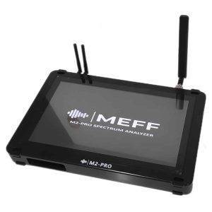 M2-PRO Spectrum Analyzer with a touchscreen and three antennas, displaying the MEFF logo on its screen.