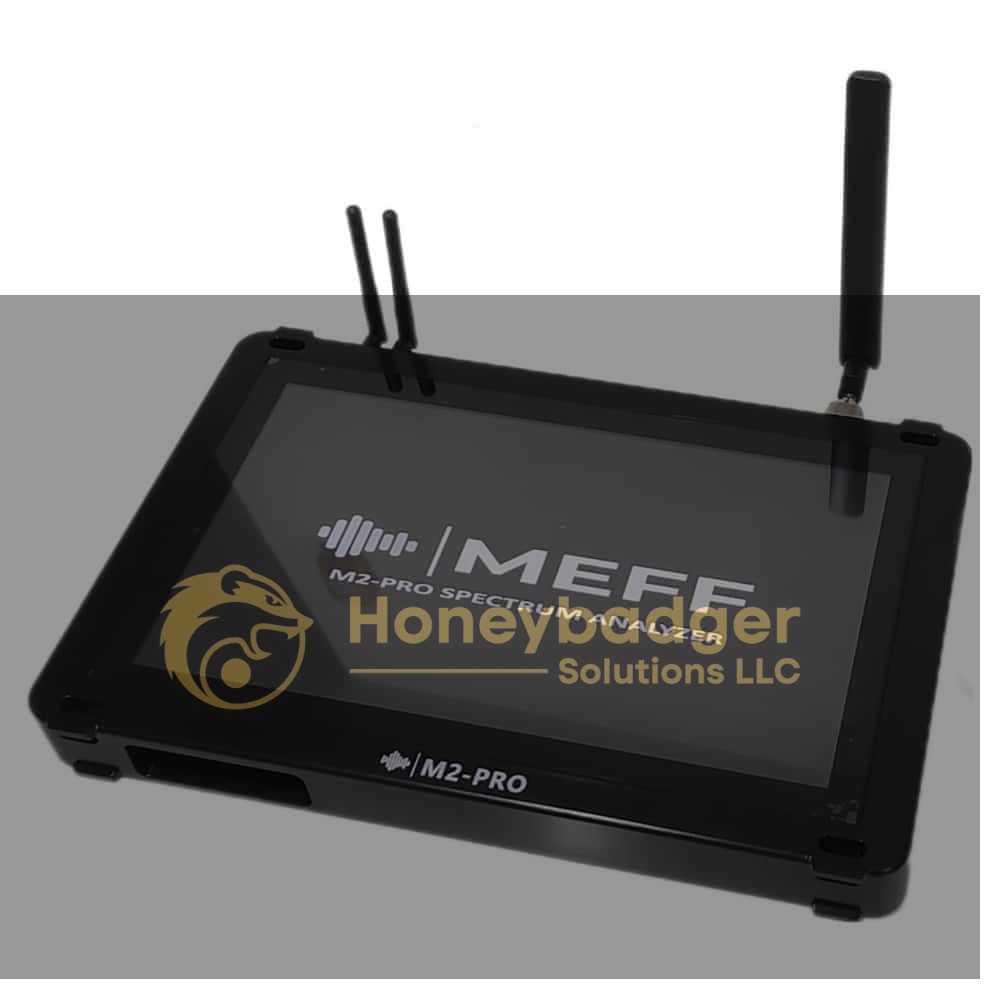M2-PRO Spectrum Analyzer with a touchscreen and three antennas, displaying the MEFF logo on its screen.