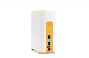 Firewalla Access Point 7 in white and yellow, featuring Ethernet, USB, and power ports.