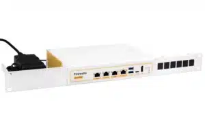 Firewalla Gold Pro Rack Mount is a white network security device with multiple Ethernet and USB ports, and a power adapter.