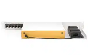 Firewalla Gold Pro Rack Mount with multiple black ports, a central white and yellow unit, and an external power adapter.