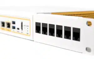 Close-up of the Firewalla Gold Pro Rack Mount, showing multiple Ethernet ports and USB connections.