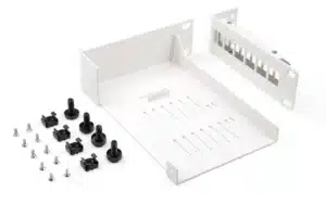 Disassembled Firewalla Gold Pro Rack Mount kit showing main tray, cover with ports, and assorted screws.