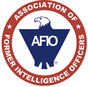 Logo of the Association of Former Intelligence Officers featuring a blue eagle's head above the letters 'AFIO' inside a red ring.