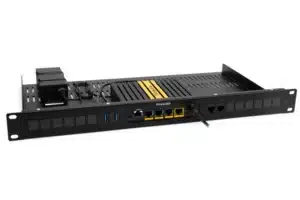 Firewalla Gold Rack Mount is a black network device with multiple Ethernet and USB ports, labeled 'Firewalla'.