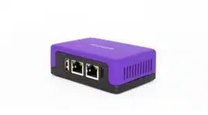 A small, rectangular purple Firewalla Gigabit Cyber Security Firewall & Router with three Ethernet ports and one USB port.