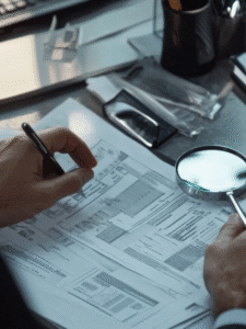 A person holding a pen and magnifying glass examines financial documents on a desk with office supplies.