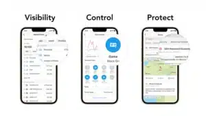 Three Firewalla Gold Plus units displaying security features: visibility, control, and protection alerts.